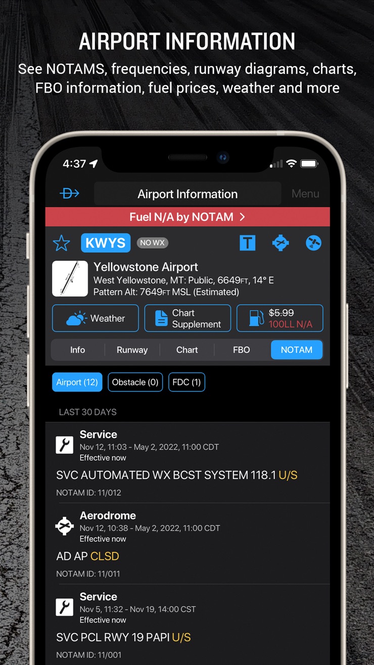 Garmin Pilot airport information page with runways, frequencies, and NOTAMs