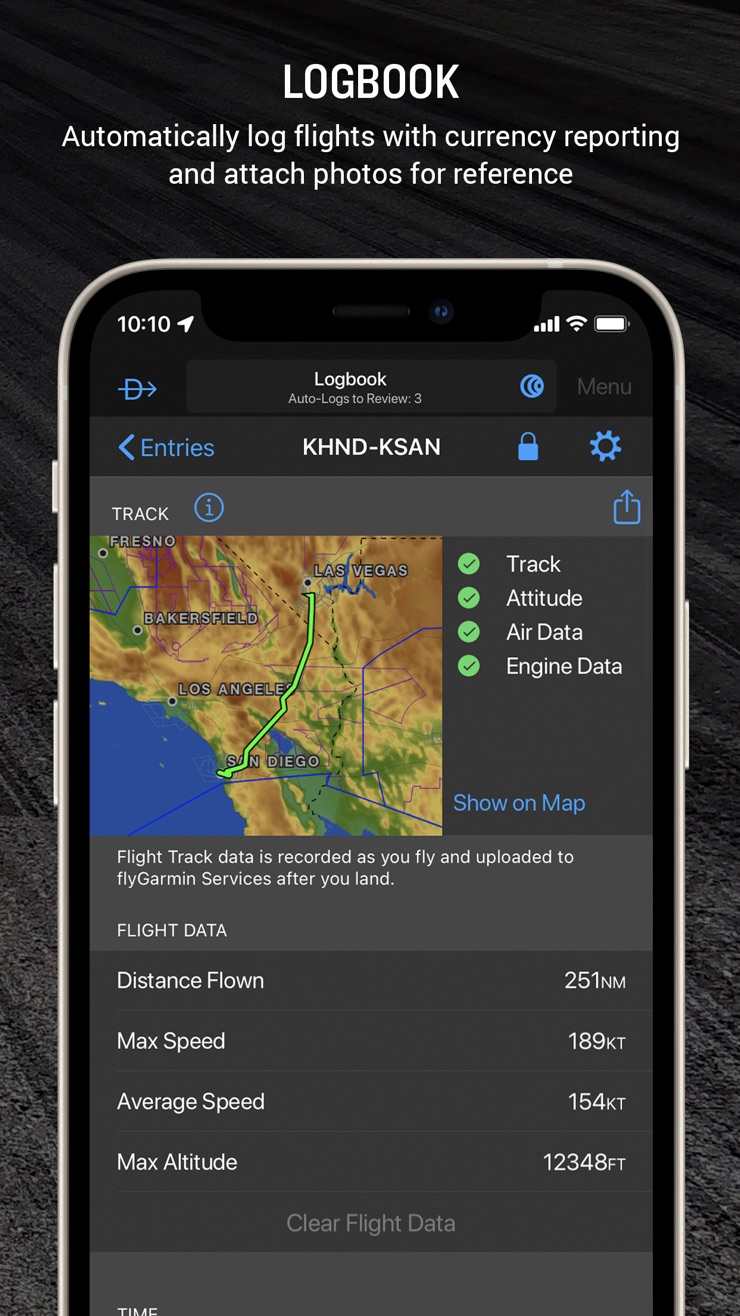Garmin Pilot digital logbook entry with a recorded flight track