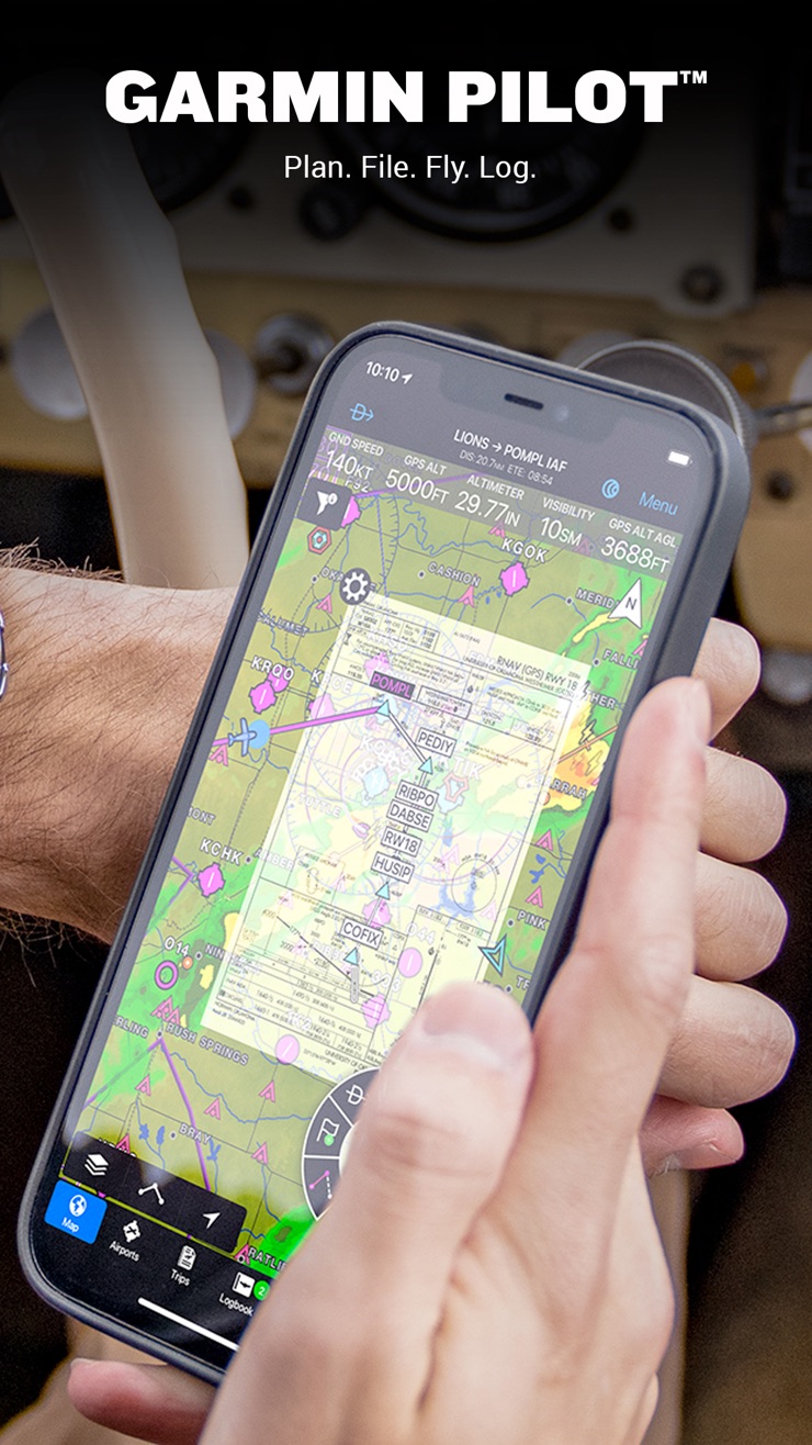 Garmin Pilot moving map with an approach chart overlaid on the route