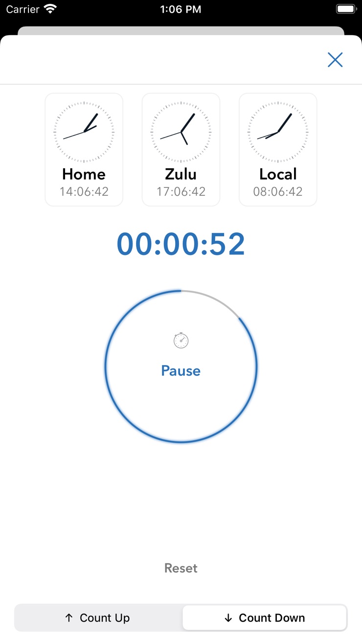 Sporty's E6B timer tracking Zulu, local, and home time at once
